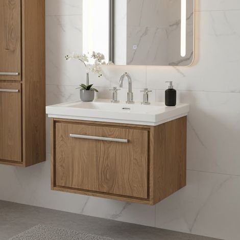 Hudson Reed Lille Wall Hung 1-Drawer Vanity Unit with 3TH Classique Basin 600mm Wide - Antique Oak (1/5)