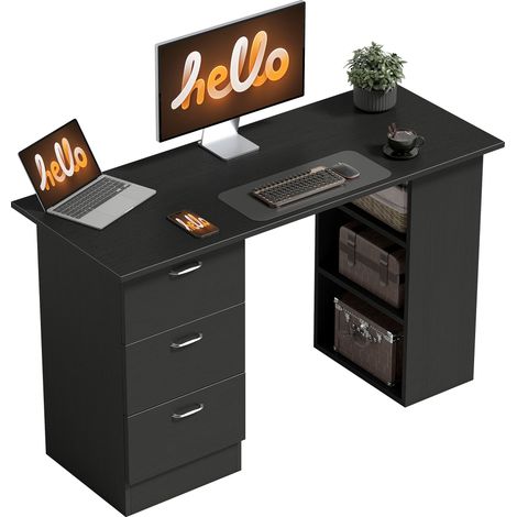 Escritorio para ordenador, 3 estantes, 3 cajones, negro y plateado, 120 × 49 × 72 cm, MDF (1/5)