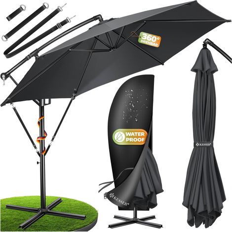 KESSER® Alu Ampelschirm Sonnenschirm + Abdeckung Ø300 cm / Ø350 cm mit Kurbelvorrichtung Kurbelschirm mit Ständer UV-Schutz Aluminium 350cm / Anthrazit