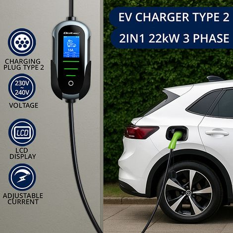 Qoltec Mobilna ładowarka do samochodu elektrycznego EV i hybryd z regulacją 2w1 Typ2 22kW 400V CEE 32A Wi-fi TUYA SM (1/4)
