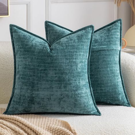 Lot de 2 Housses de Coussin décoratives rayées Style Vintage bohème en Chenille Douce Taies d’Oreiller pour canapé Sofa Chambre ou Salon Turquoise foncé 45x45 cm (1/5)