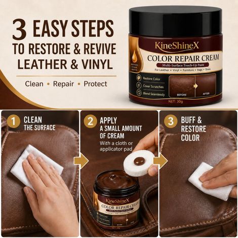 KineShineX Brown Repair Cream eignet sich für Ledersofas, Autositze, Schuhe, Taschen, Möbel und Vinyl. (1/4)