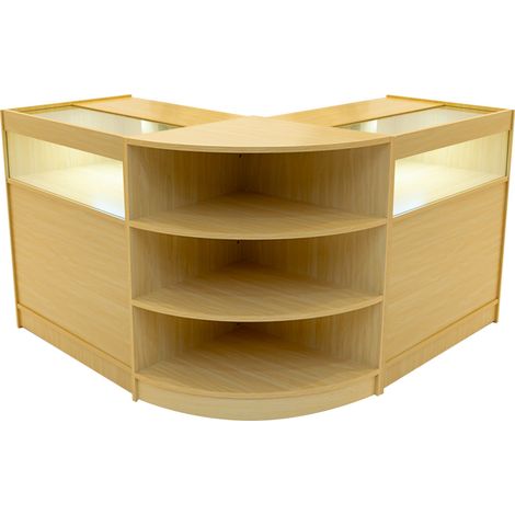 Set Mostradores Comerciales "THESEUS"  Arce  2x B900+1xLM60  MDF y vidrio templado  Estantes y puertas corredizas con cerradura  Fácil Montaje  Mostrador Recepción Expositor Comercial Mesa