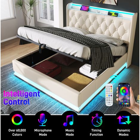 Cama doble 180x200 cm de PU blanca, con LED y almacenaje, para dormitorio, sin colchón – MEUBLIV (1/5)