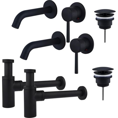 FugaFlow Eccelente Sobrado Slim Kit robinet lavabo - pour double vasque - robinet rehaussé - bonde non-obturable - siphon design - Noir mat (1/4)