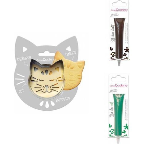 Kit pour biscuit en relief Chat + 2 Stylos au chocolat marron et vert
