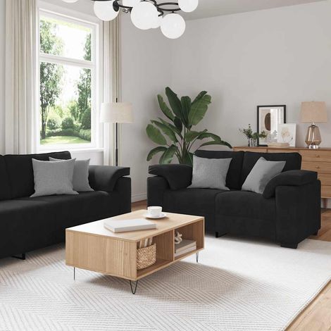 3-tlg. Sofagarnitur mit Kissen Schwarz Samt (1/5)