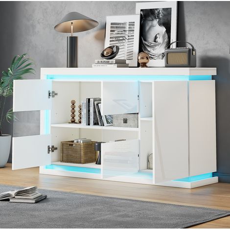 buffet meuble rangement LED 140 cm verre blanc salon OKMYHOME (1/5)