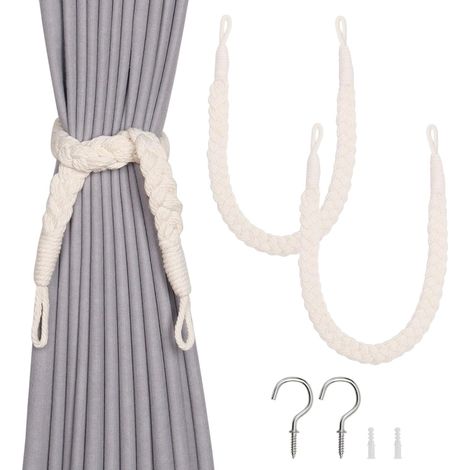 Lot de 2 embrasses de rideaux en corde de coton naturel de style bohème élégant et décoratif tissé à la main avec crochet en métal pour la maison et le bureau (crème) (1/5)