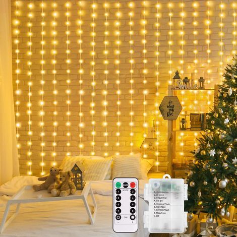 Rideau lumineux 2x2m 200 LED 8 modes Guirlande lumineuse LED Télécommande Minuterie luminosité réglable pour Noël Fête Intérieur et extérieur Décoration Blanc chaud (1/5)