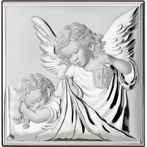 Quadro angelo in argento per Battesimo o Comunione con incisione dedicata 81200 12 x 12 cm (1/5)