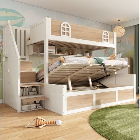 Letto a castello 90/140 x 200 cm bianco e naturale con contenitore e armadio a scala (1/5)