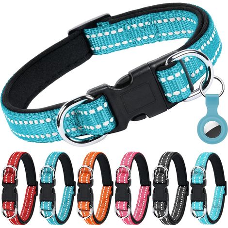 Collier pour Chien, Collier en Nylon Réfléchissant Réglable Classique avec Rembourré Doux Respirant Mesh, Collier avec Étui AirTag pour Petits Chiens, Moyen Gros, Grand Chiens(Bleu-S) (1/5)