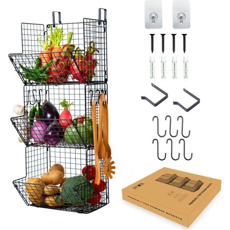 Suspendue 3 Niveaux Murale Suspendue Range Rangement Cuisine, Fruit et Legumes Rangement Suspendu Etagere avec crochet et ruban adhésif sans trace(Noir) (1/5)