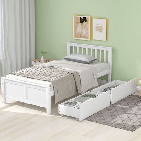 Lit simple bois 90x200 cm pin blanc avec tiroirs rangement, lit robuste enfant adulte style naturel avec sommier à lattes (1/5)