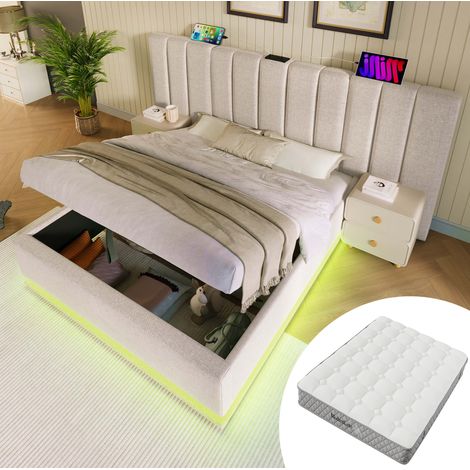 lit adulte coffre LED 180x200 lin beige avec matelas OKMYHOME (1/5)
