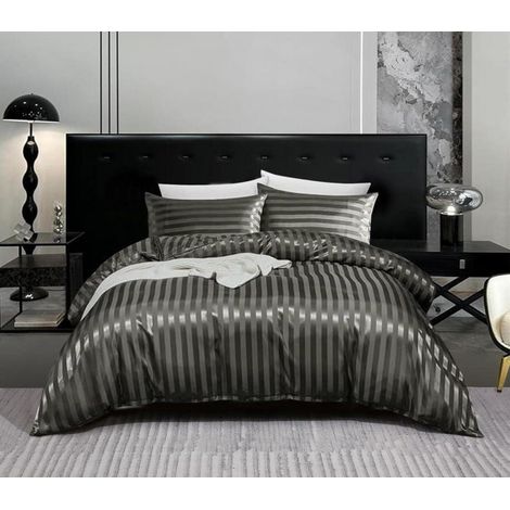 Bettwäsche-Set 200x220cm Satin gestreift grau mit 2 Kissenbezügen 80x80cm