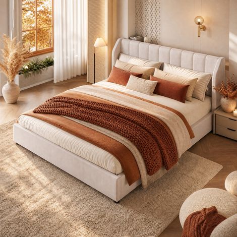 Lit 180x200 rembourré en flanelle beige avec sommier à lattes et 2 coussins HAVRYA (1/5)