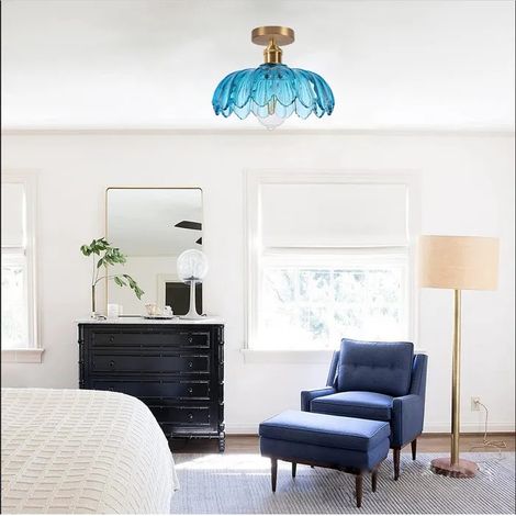 Plafonnier Moderne en Verre,Lampe de Plafond Vintage Abat-jour Design Fleurs Lustre Style Nordique pour Salon Chambre,Bleu (1/5)