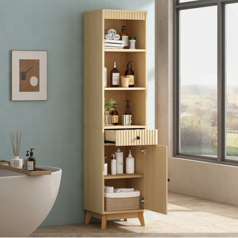 Colonna bagno 40x36x172 cm con cassetto, anta reversibile e chiusura ammortizzata, MDF effetto legno naturale (1/5)