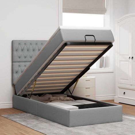 Ottomane Bett mit Matratze & LEDs Hellgrau 90x200 cm Stoff