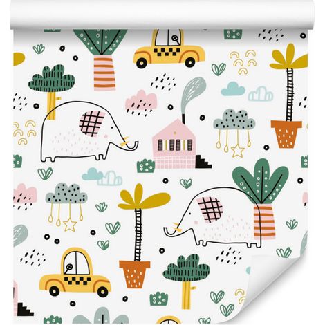 Papel pintado con elefantes, coches y casas de estilo escandinavo, 50x1000 cm. (1/5)