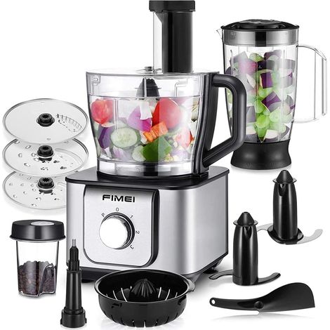 Robot Cuisine Multifonctions 1100W, robot de cuisine 11 en 1, 3 vitesses et fonction Pulse, hachoir 3,2 L, blender 1,5 L, moulin, presse-agrumes, pétrin, râpe, disque réversible pour trancher
