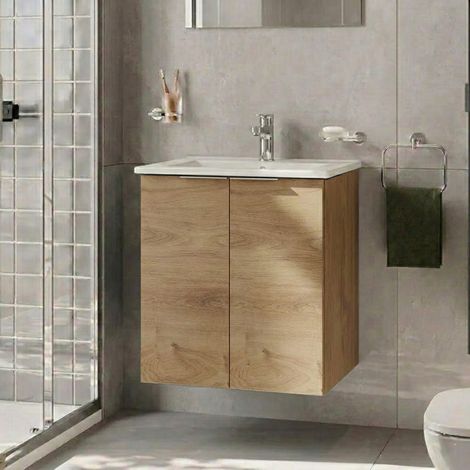 Vitra S20 Square Wall Hung 2-Door Vanity Unit and Basin 600mm Wide - Maple Oak (1/3)