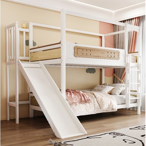 Letto a castello 90x200 cm bianco e naturale, struttura in legno con scivolo (1/5)