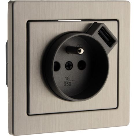 – Prise encastrable 2P+T Inox brossé – Chargeur USB 2,4A – Puissance 3680W sous 250V – Épaisseur 5mm pour intégration discrète (1/5)