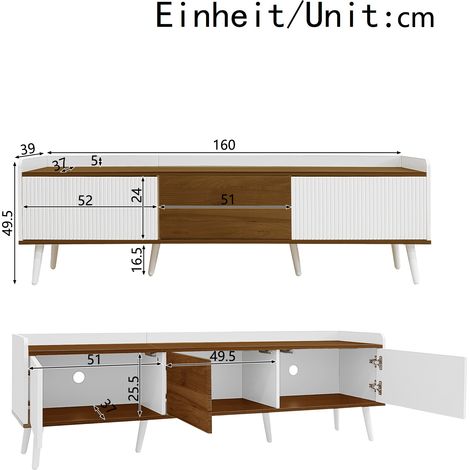 Meuble TV 160 cm, support TV blanc et bois naturel, meuble bas 3 portes, design compact, finition chêne, hauteur 49,5 cm, longueur 160 cm, profondeur 39 cm (1/5)