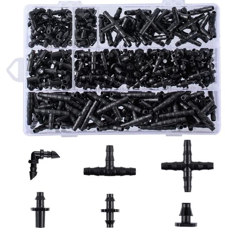 Kit de 280 raccords d'irrigation barbelés goutte à goutte de 6,35 mm pour pot de fleurs, jardin, pelouse (pointes droites simples, en T, coudes, bouchon d'extrémité, raccord à 4 voies) (1/5)