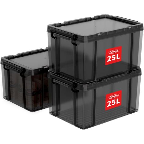 25L3 Boîtes de rangement, boîte empilable avec couvercles, contenant robuste avec coins renforcés, côtés verticaux et verrouillage à pression, durable, en plastique, Noir clair,25L - lot de 3 (1/5)