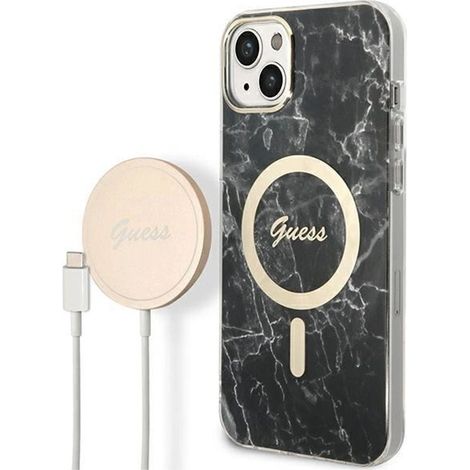 Set Guess GUBPP14SHMEACSK con custodia e caricabatterie per iPhone 14/15/13 da 6,1" nero/nero, custodia rigida effetto marmo, MagSafe