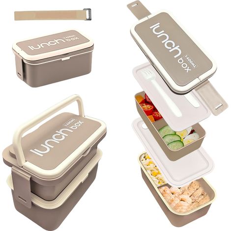 1400ml Boite Repas Compartiment, Lunch Box Intégrées à 2 Couches, Bento Lunch Box Anti-fuite avec Couverts pour le Travail, Gris