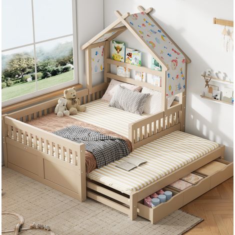 Cama casita de madera color crema 140x200 cm con cama nido, 3 cajones, barandillas de seguridad y somier de láminas