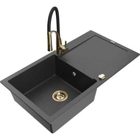 Mexen Leo évier en granit 1 bac avec égouttoir et robinet de cuisine Aster, noir moucheté - 6501-76-73450-57-G (1/5)