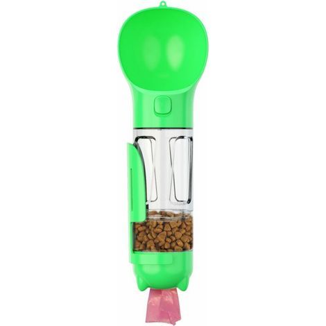 Botella de agua para mascotas, bebedero para perros a prueba de fugas, 300 ml, dispensador 4 en 1, con pala para basura, recipiente para comida y caja para bolsas de basura. (1/3)