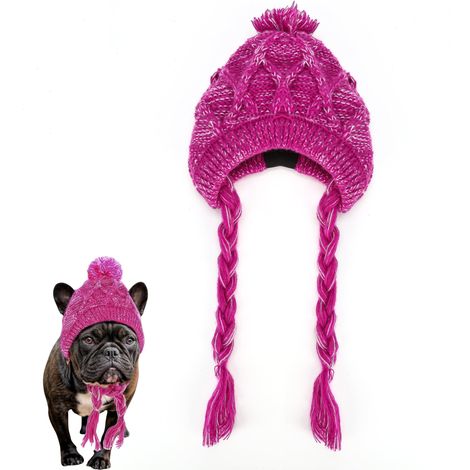 Bonnet d'hiver tricoté pour chien avec longues tresses à pompons et ouvertures pour les oreilles - Accessoire de tête chaud en laine pour chiens de petite et moyenne taille (Violet, Taille S)
