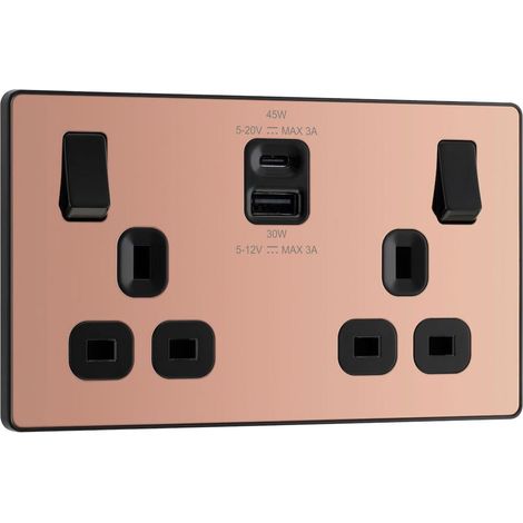 Prise murale à double interrupteur avec ports de charge USB de type A et de type C, cuivre poli, 13 A, 45 W (1/5)