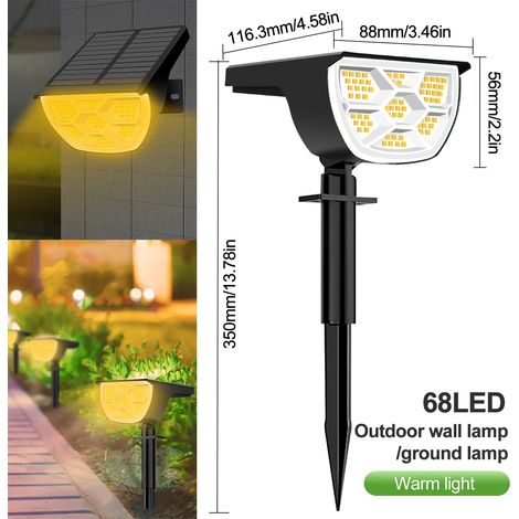 (4 spots solaires - 68 LED blanc chaud) Projecteurs solaires d'extérieur étanches pour jardin, aménagement paysager, 3 modes d'éclairage, appliques murales, porte, cour, garage, terrasse (1/5)