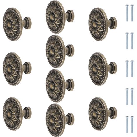 Lot de 10 boutons de meuble ronds en bronze antique avec fleurs - 35 mm - Vintage - Pour tiroir de placard de cuisine - Poignée de tiroir en bronze (1/4)