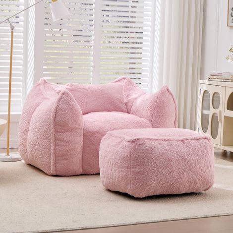 Riesensitzsack 123 x 97 x 73 cm aus rosa Kunstfell mit Kissen und Ottoman HAVRYA (1/5)
