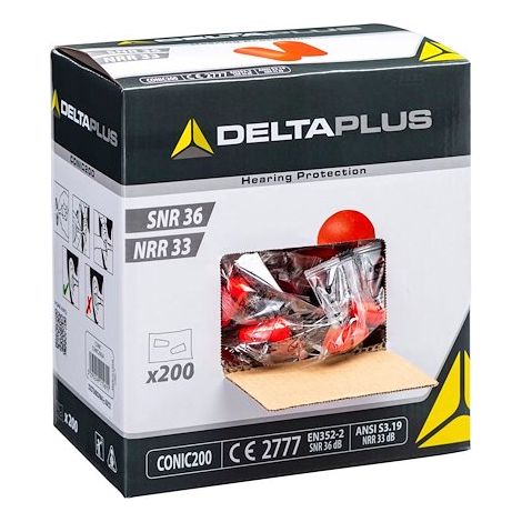 Bouchons d'oreilles jetables Delta Plus CONIC200 - Boîte distributrice de 200 paires (1/5)