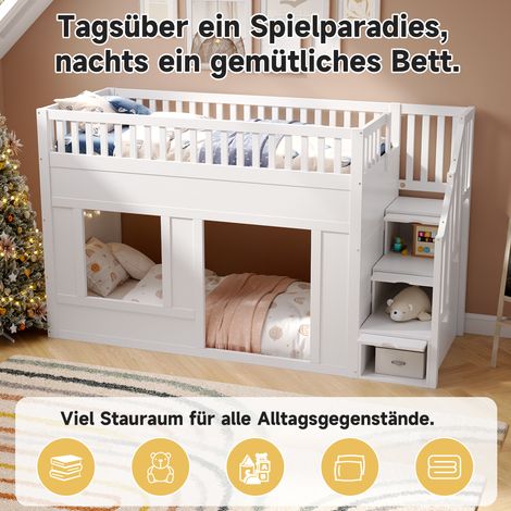 Lit superposé enfant 90x200 cm, mezzanine blanche multifonction avec escalier rangement, espace jeu transformable sous le lit, sans matelas (1/5)