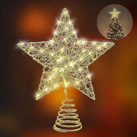 Décoration de sapin de Noël en forme de pentagramme avec étoile LED pailletée dorée (1/5)