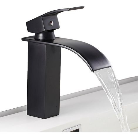 Grifo monomando negro tipo cascada para lavabo, grifo cuadrado de latón para lavabo, grifo de lavabo de montaje alto con conexión de agua fría y caliente. (1/5)