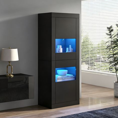 N625P286366367S) Vitrine noire avec éclairage LED, 1 étagère en verre, 6142162 cm, vitrine, vitrine autoportante, armoire haute, armoire de rangement. (1/4)