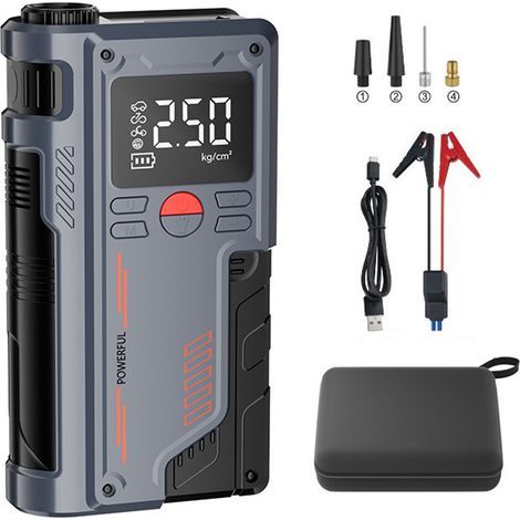 Starthilfegerät für Autobatterien mit 150 PSI Luftkompressor, USB-Ladefunktion, 8000 mAh Digitalanzeige, tragbarer Reifenfüller für Fahrräder und Motorräder, Ball mit Aufbewahrungstasche (grau, 2000 K (1/5)