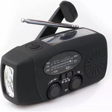 Radio portátil - Radio de emergencia - Radio de cuerda - Linterna - Radio con energía solar - 2000 mAh - Plástico - Negro (1/5)